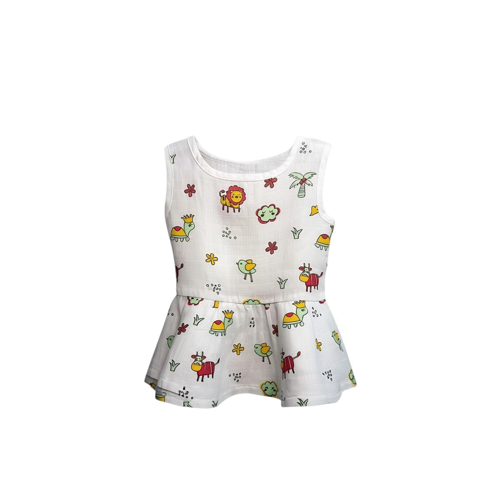 Bear Baby organic cotton sleeveless frock for baby girl, 3-6 months, white with assorted animal prints.