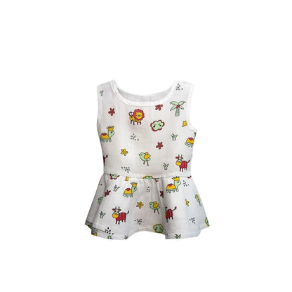 Bear Baby organic cotton sleeveless frock for baby girl, 3-6 months, white with assorted animal prints.
