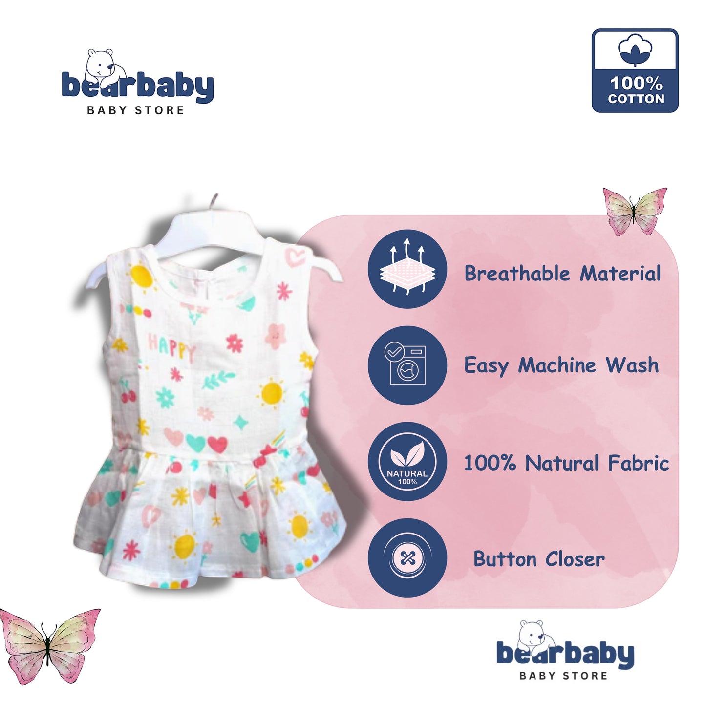 Bear Baby organic cotton baby girl frock, white with assorted prints of suns, hearts, and flowers. Sleeveless with a peplum hem.