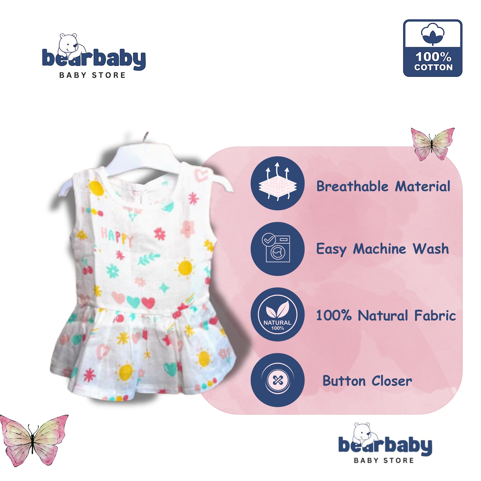 Bear Baby organic cotton baby girl frock, white with assorted prints of suns, hearts, and flowers. Sleeveless with a peplum hem.