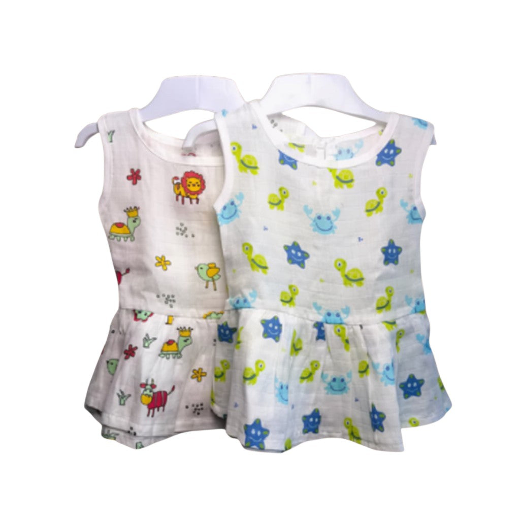 Bear Baby organic cotton frocks for baby girls, 3-6 months, white with assorted animal and sea creature prints.