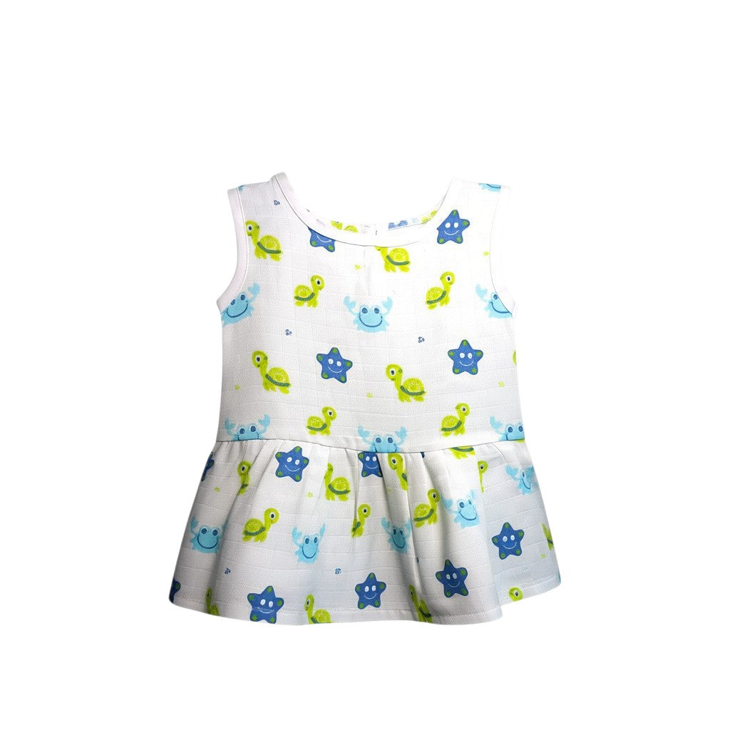 Bear Baby organic cotton baby girl frock, white with blue stars and green turtles print, sleeveless, 3-6 months