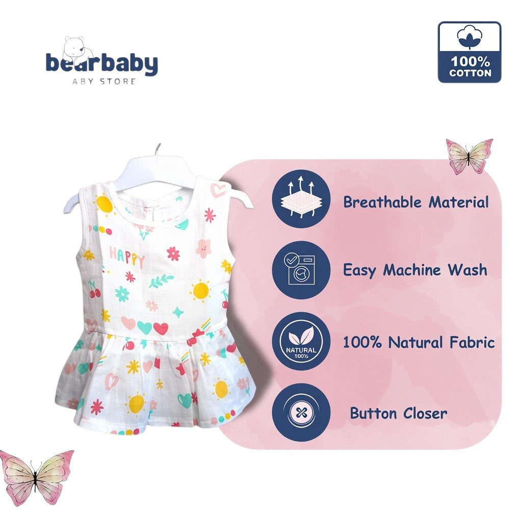 Bear Baby organic cotton frock for baby girl, white with assorted prints of suns, hearts, and flowers. Sleeveless, peplum hem. 3-6 months.