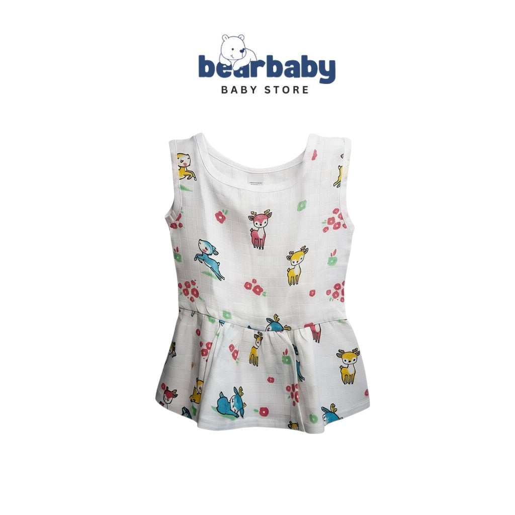 Bear Baby organic cotton sleeveless frock with assorted deer and floral print, 3-6 months.