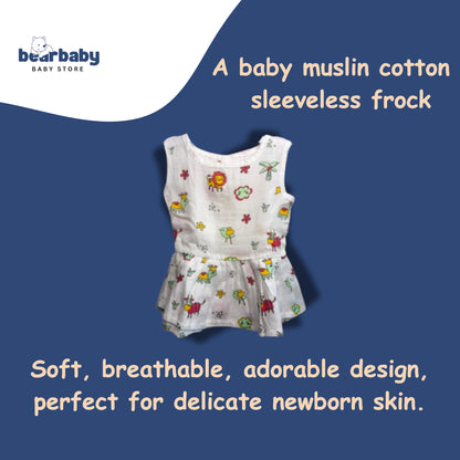 Bear Baby white sleeveless peplum dress with jungle animal print. Soft muslin cotton.