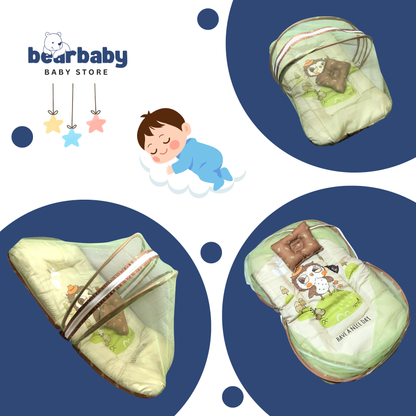Baby sleeping bag with cartoon design on a blue background, featuring the Bearbaby Baby Store . “Newborn baby sleeping peacefully in a cotton baby mosquito net bed with mattress and pillow, safe baby sleeping bed with net for newborns protection.”logo.