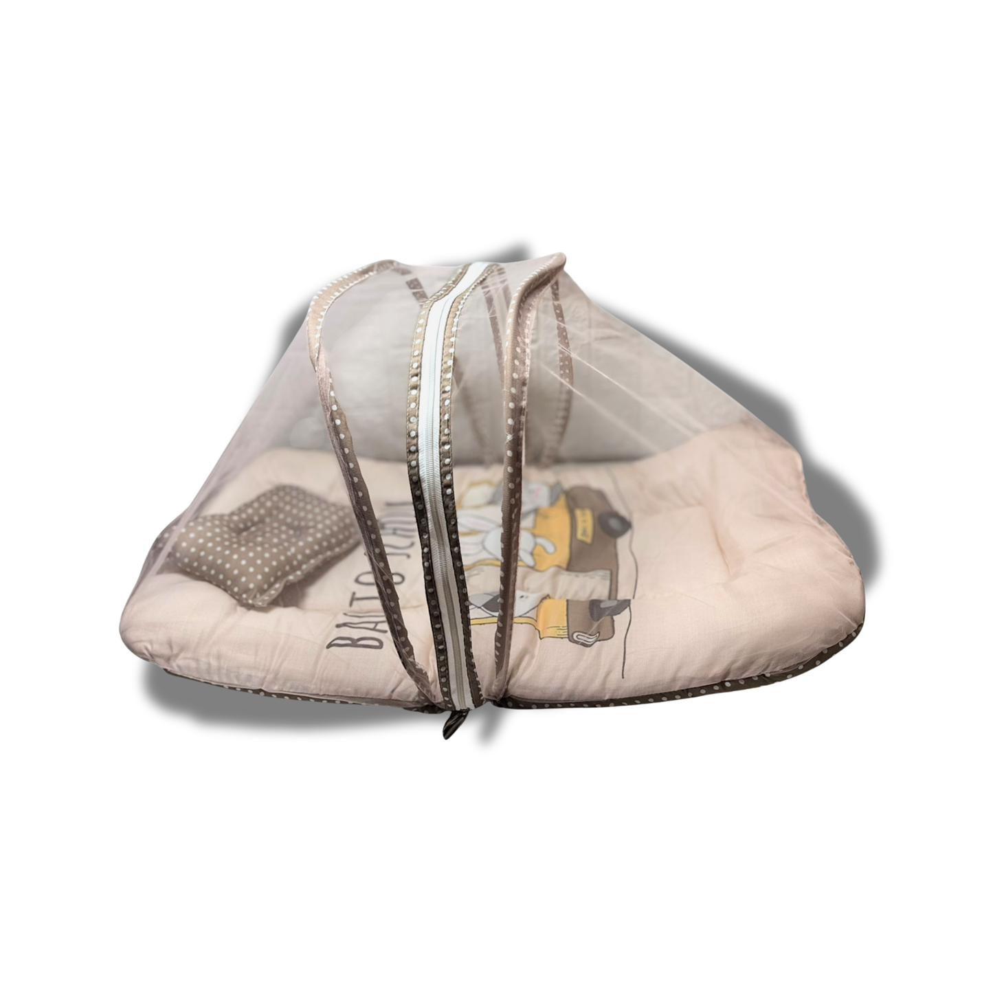 “Newborn baby sleeping peacefully in a cotton baby mosquito net bed with mattress and pillow, safe baby sleeping bed with net for newborns protection.”