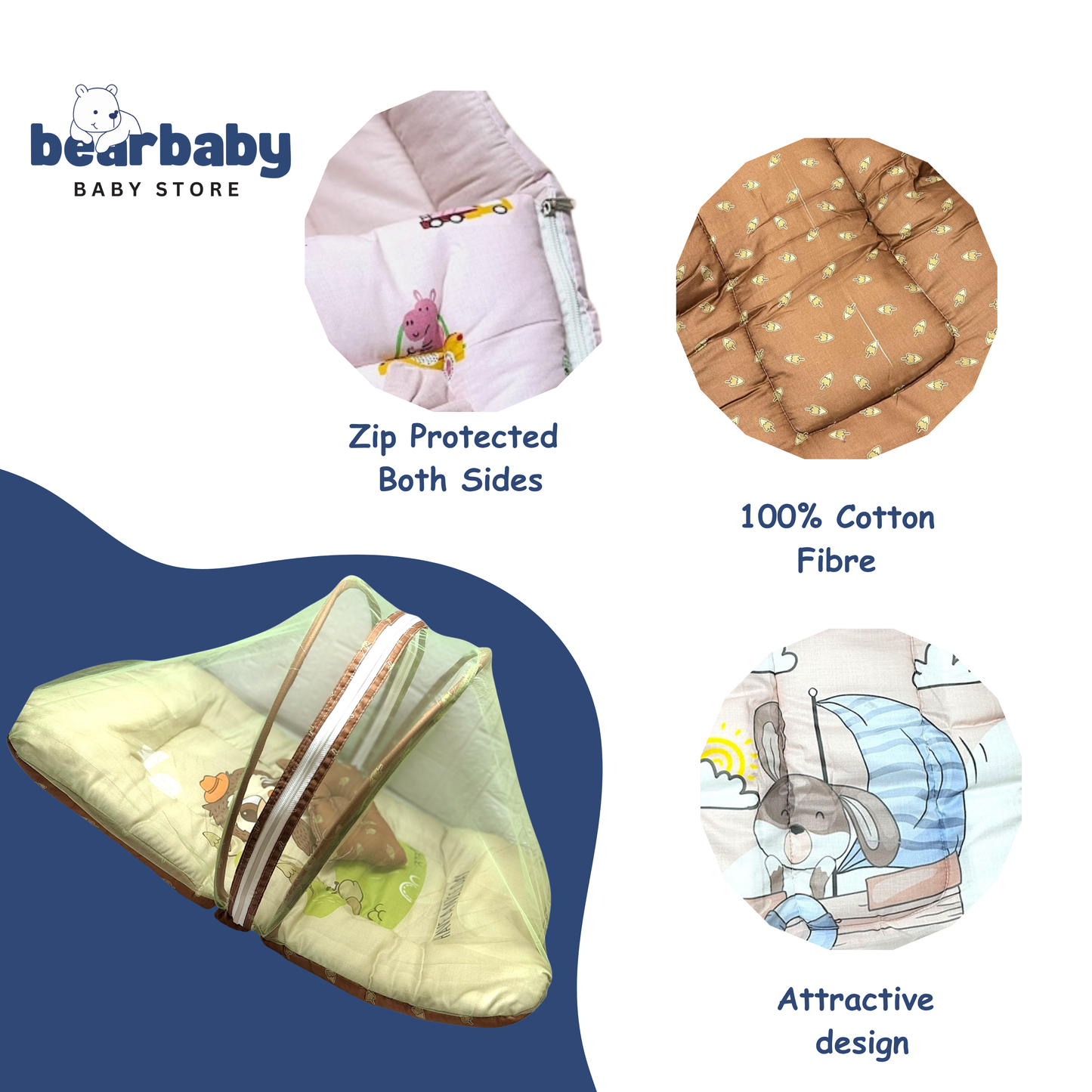 Baby products with features highlighted, including 'Zip Protected Both Sides', '100% Cotton Fibre', and 'Attractive Design', branded as bearbaby.
