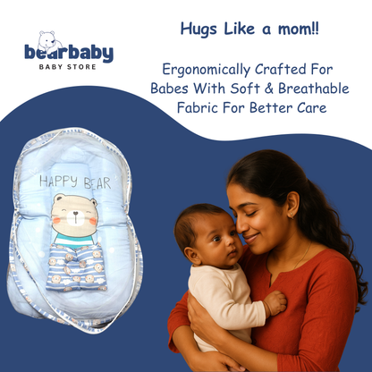 Baby carrier with 'Happy Bear' design and a woman holding a baby, branded as bearbaby. “Newborn baby sleeping peacefully in a cotton baby mosquito net bed with mattress and pillow, safe baby sleeping bed with net for newborns protection.”