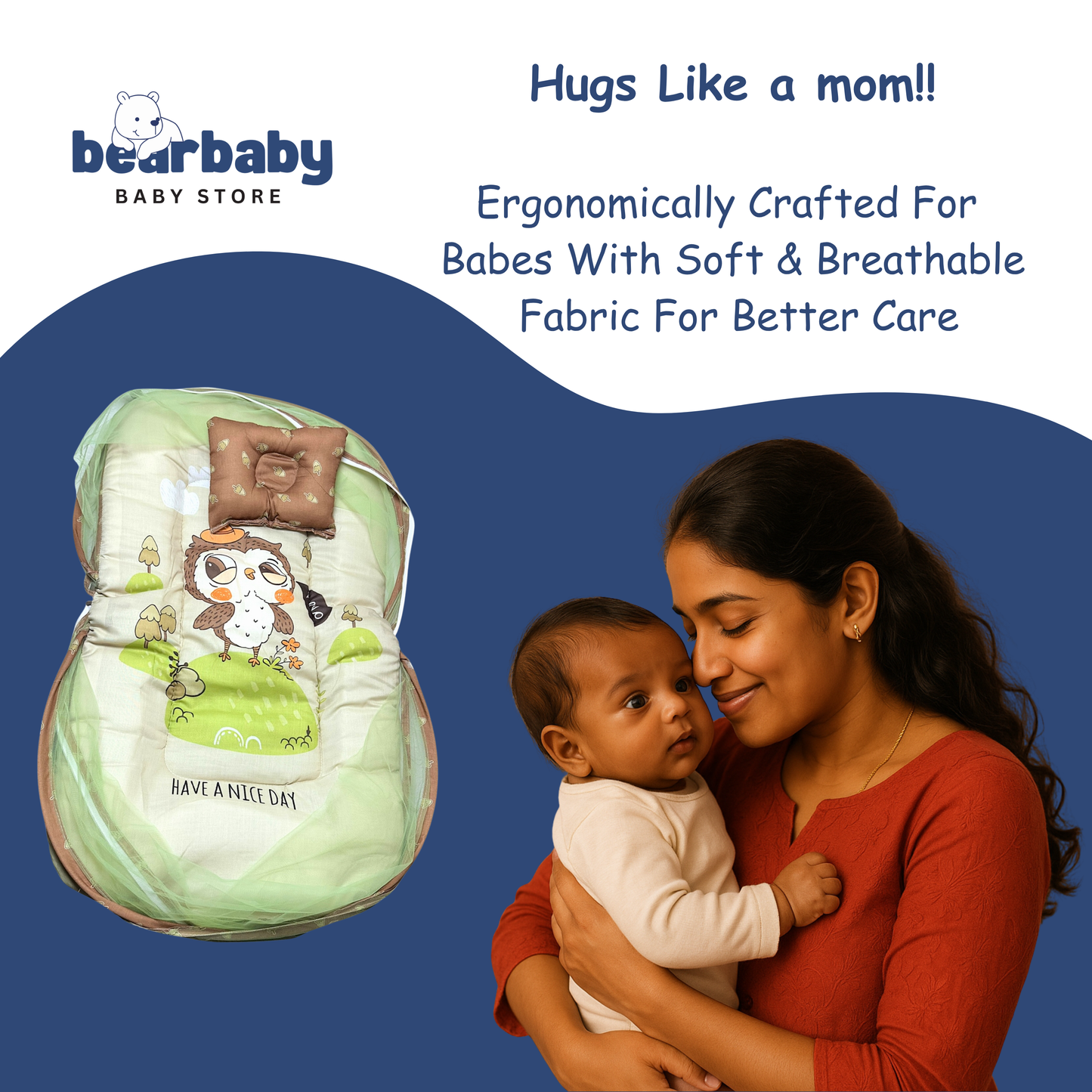 Baby carrier with cartoon design held by a woman and baby, Bearbaby brand visible. “Newborn baby sleeping peacefully in a cotton baby mosquito net bed with mattress and pillow, safe baby sleeping bed with net for newborns protection.”