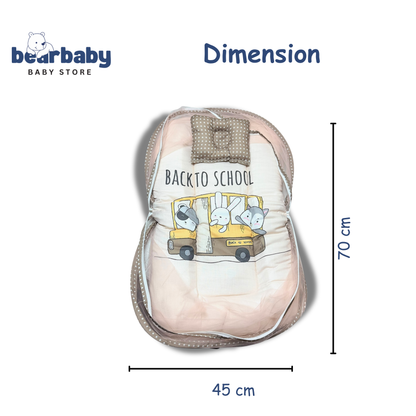 Baby sandal with 'Back to School' design and dimensions on a white background. “Newborn baby sleeping peacefully in a cotton baby mosquito net bed with mattress and pillow, safe baby sleeping bed with net for newborns protection.”
