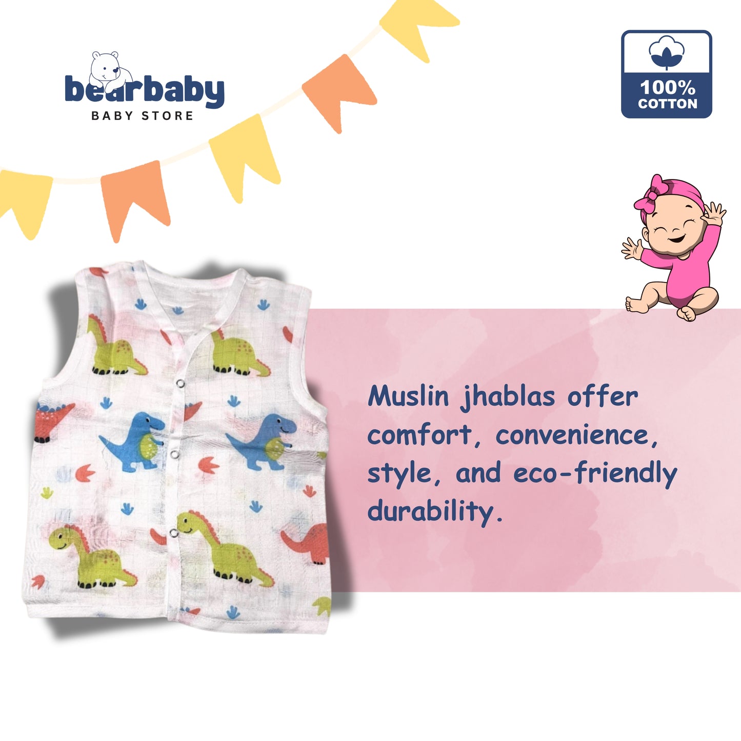 Baby vest with dinosaur pattern on a white background with colorful flags and a baby illustration.