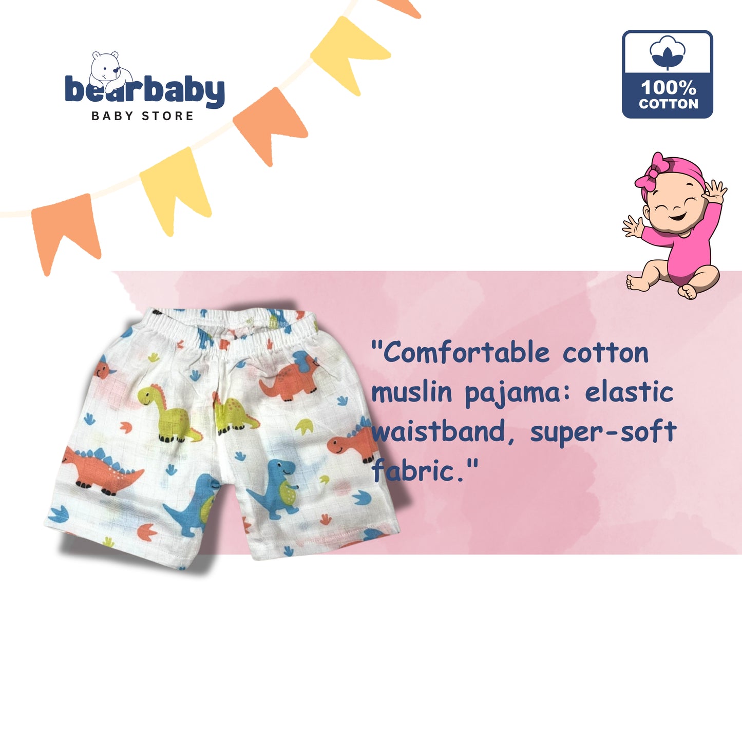 Children's pajama with dinosaur pattern on a pink background, featuring bearbaby branding.