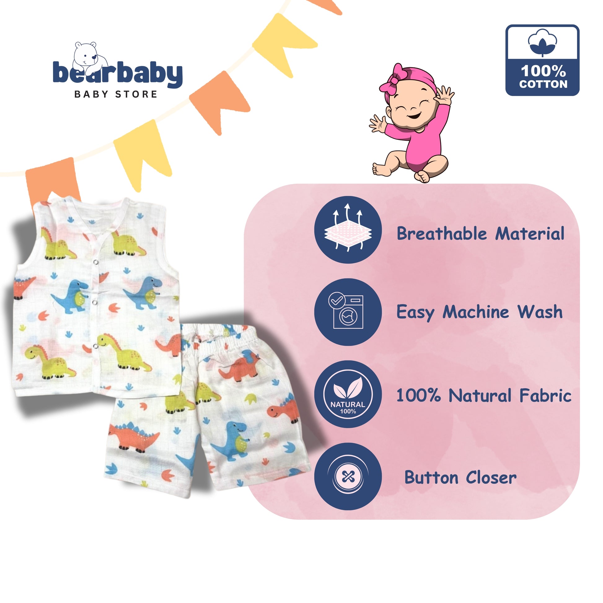 Baby products with colorful dinosaur patterns on a white background, featuring the brand 'bearbaby'. baby sleeveless cordset
