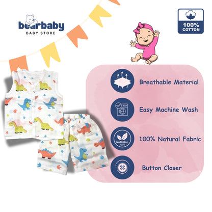 Baby products with colorful dinosaur patterns on a white background, featuring the brand 'bearbaby'. baby sleeveless cordset